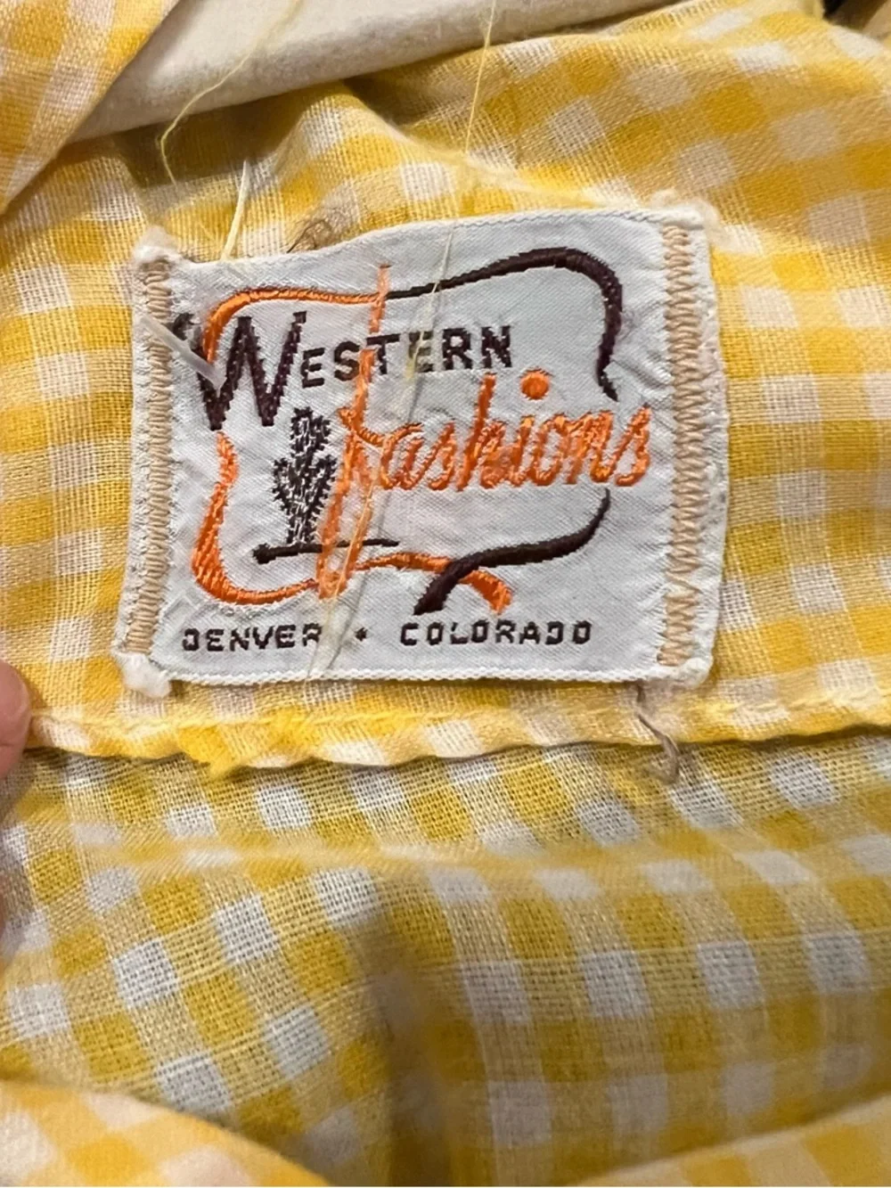 Yellow Gingham Asymmetrical Western vintage Dress with Lace Trim (Item #56) - Picture 7 of 12